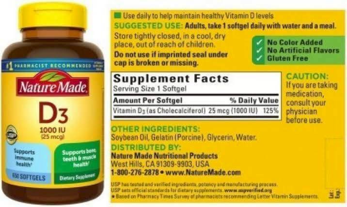 Nature Made Vitamin D3 25Mcg (1000 Iu ) 650 Softgels
