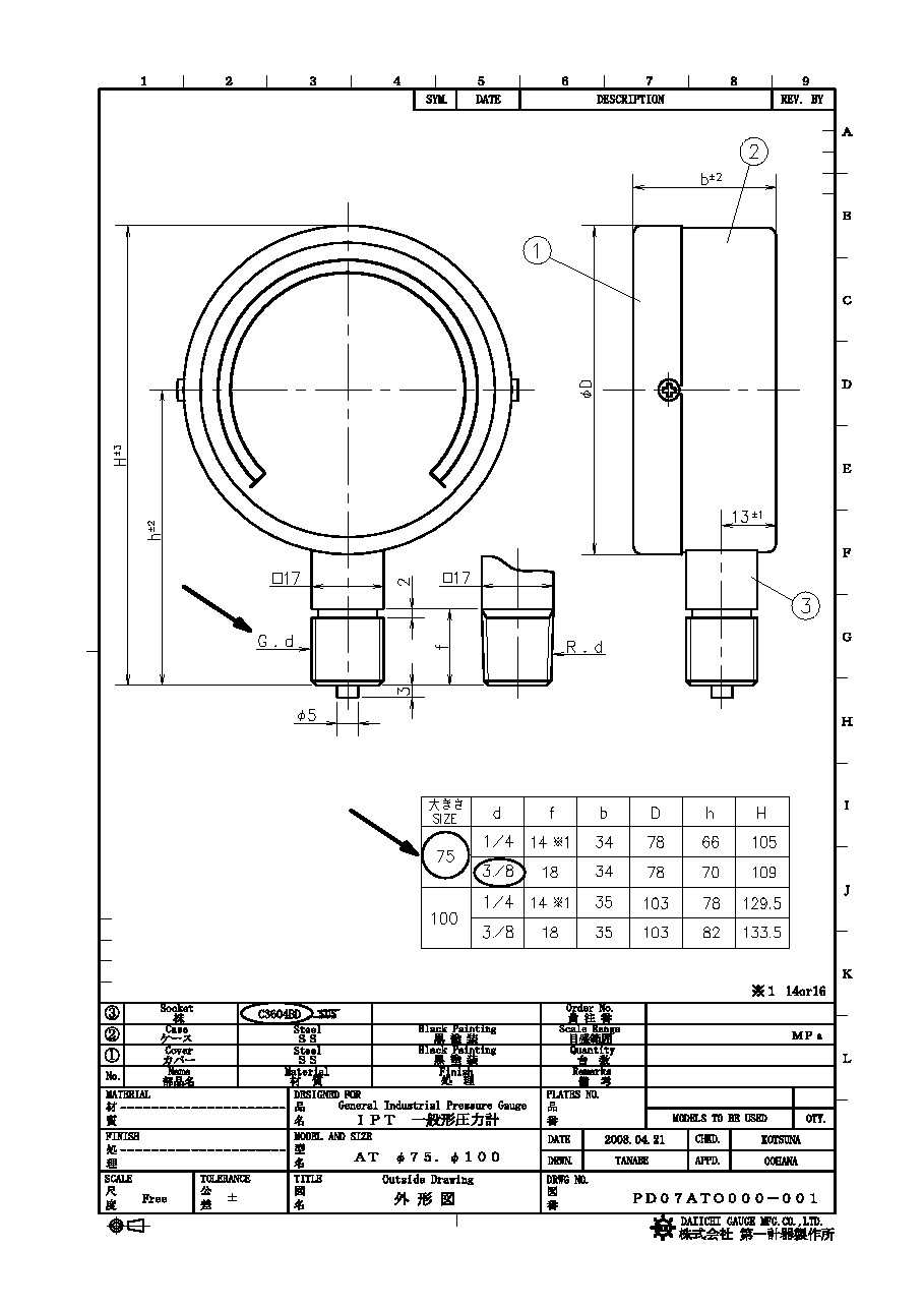 PRESSURE GAUGE DAI 75 mm X G3/8" (PF) 0 - 1.0 Mpa / (10 kg/cm2 Dual Rg.) : A Type : DAIICHI GAUGE :