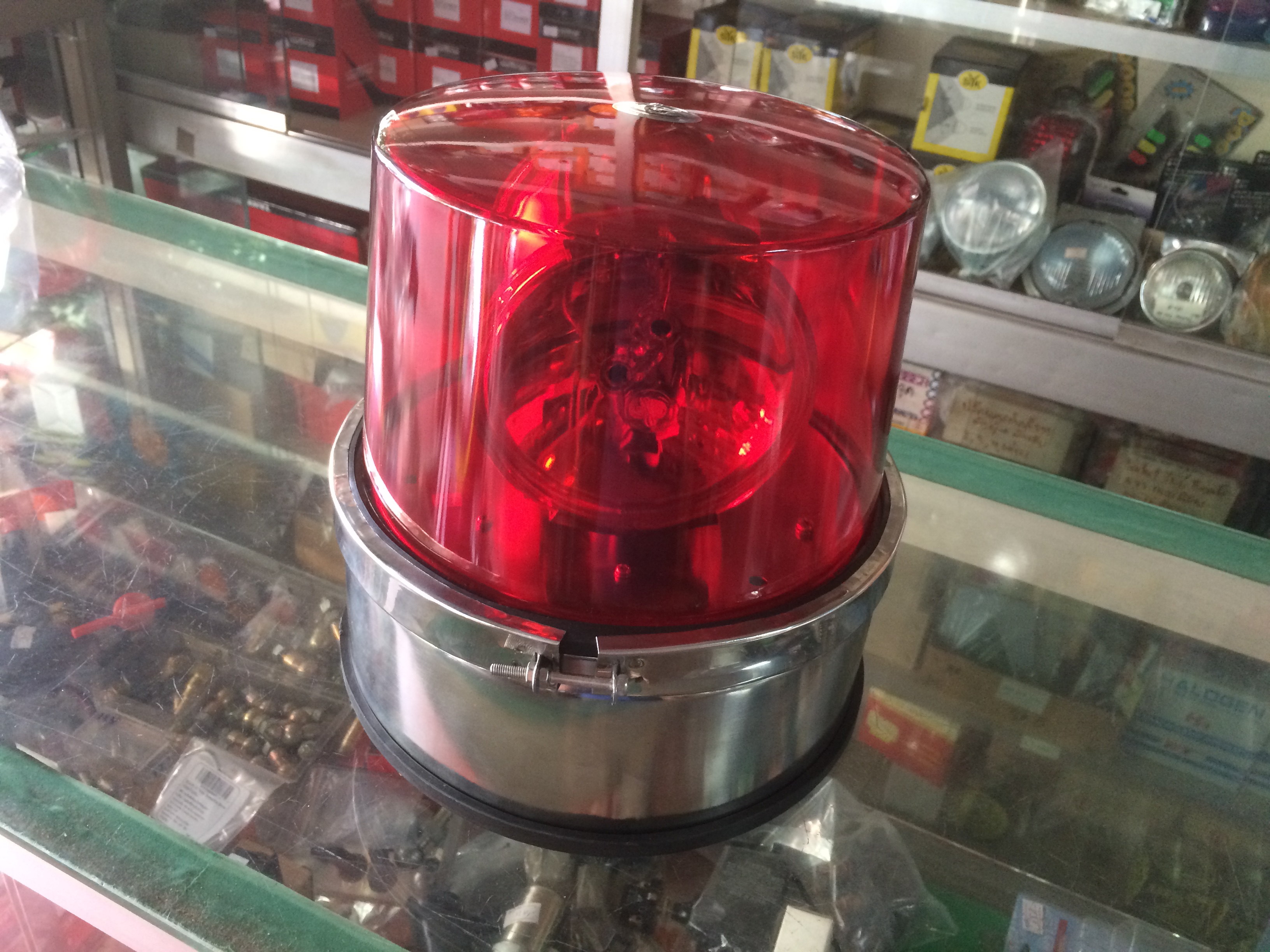 ไฟหมุน ฐานสเตนเลส ขนาด 8 นิ้ว 12V 24V 220V แดง เหลือง น้ำเงิน