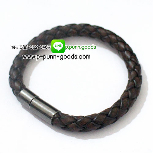 ข้อมือหนังถัก หนังแท้ 6 มม. สี Dark Coffee ตัวล็อคแบบเสียบ