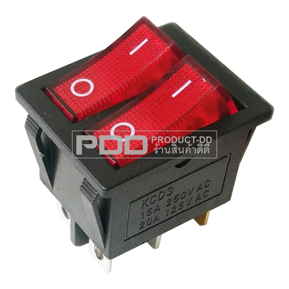 KCD3 สวิตช์กระดก ON-OFF คู่ 3 ขา สีแดงมีไฟ Rocker Switch Double 3 Pin l-O 15A 250V AC