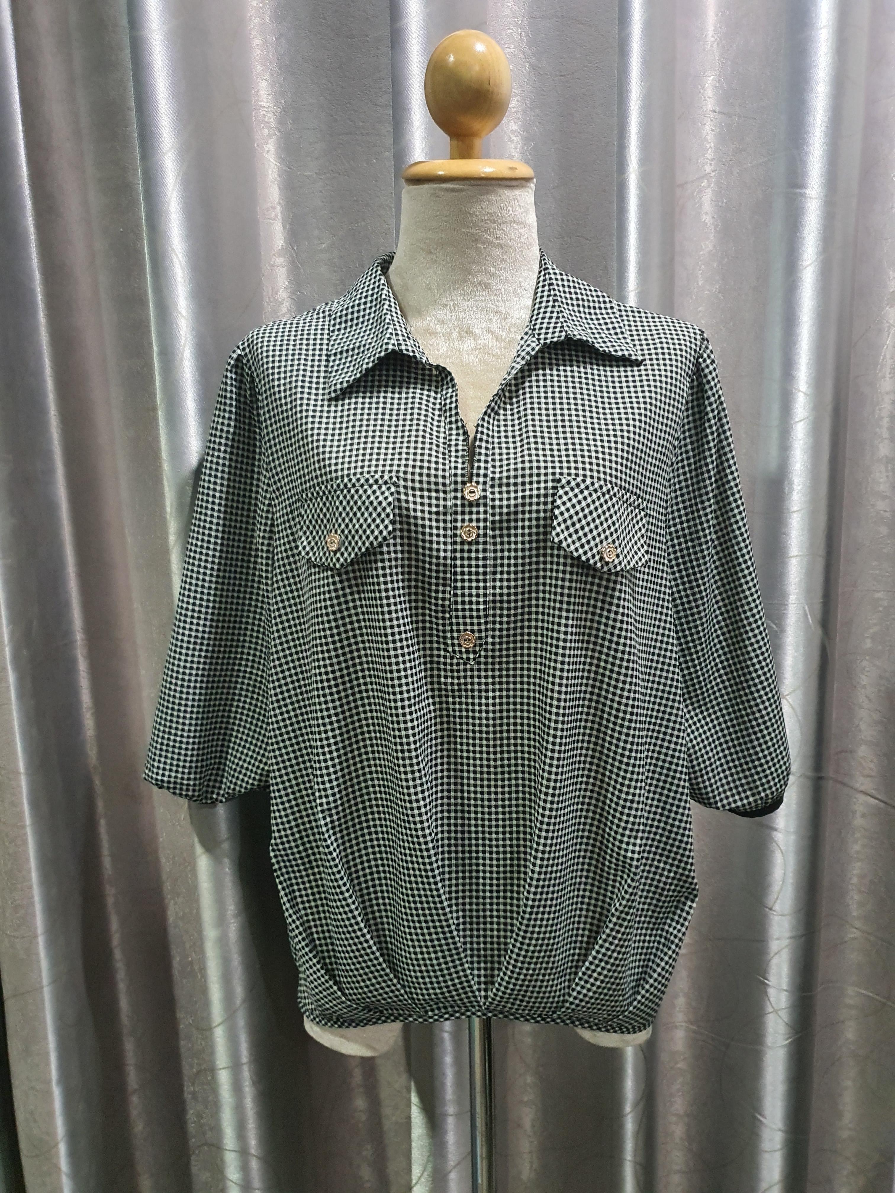 FF01828#เสื้อผ้ามือสอง# เสื้อแฟชั่น ลายสก็อต สีดำ มือสอง อกfree-44 นิ้ว