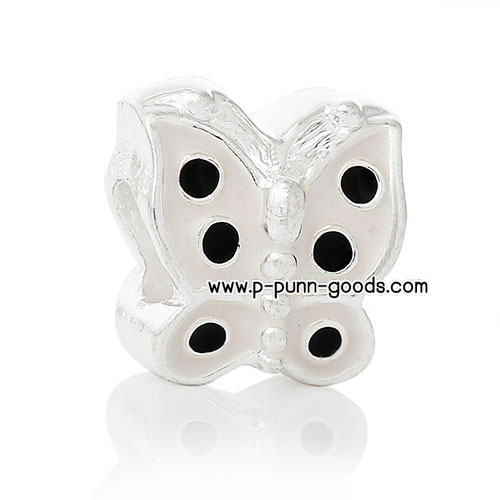 ลูกปัดผีเสื้อ 12x13มม.สีเงินโบราณ เคลือบสีครีม-จุดดำ (Enamel)
