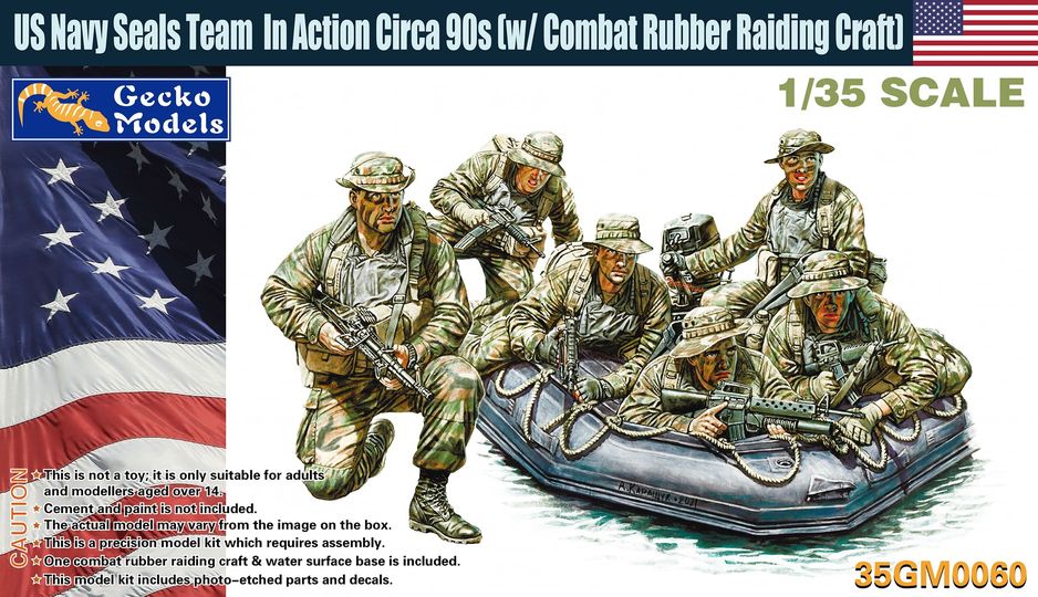 โมเดลฟิกเกอร์ทหาร ขนาด 1/35 Gecko Model 35GM0060 US NAVY SEALS TEAM IN ACTION CIRCA 90S WITH COMBAT RUBBER RAIDING CRAFT