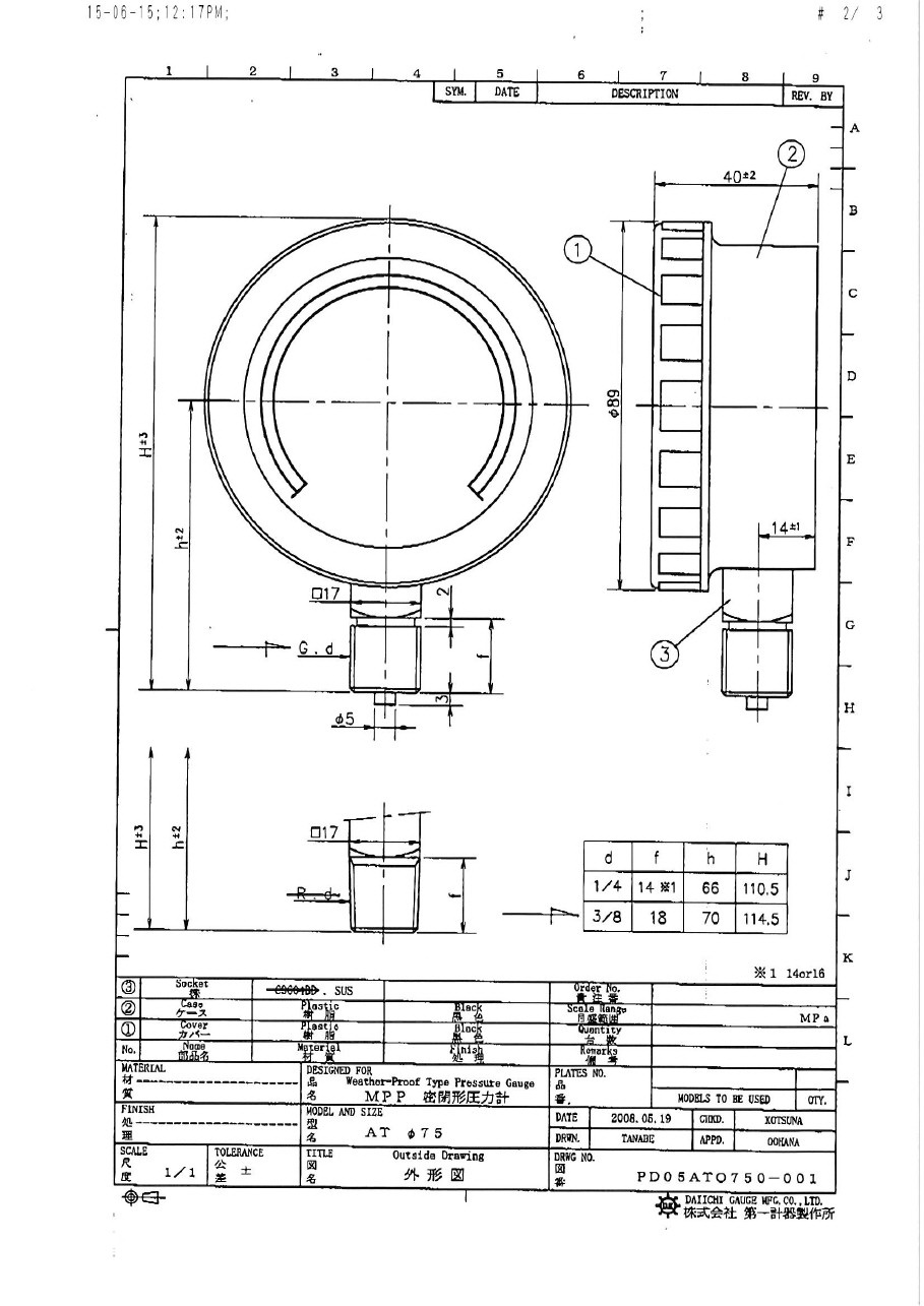 DAIICHI : Pressure Gauge : AT X G3/8 X 75 X 0.6 MPA (SUS )
