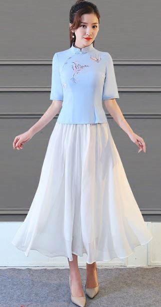 ชุดเสื้อกระโปรงสตรีสมัยสาธารณรัฐจีน 民国风修身时尚日常汉服两件套装中国服女 Republic of China Daily Hanfu Two-Piece Suit Chinese Women Clothing