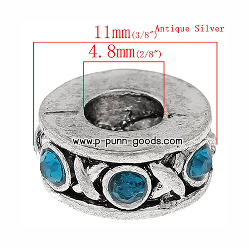ลูกปัดสีเงินโบราณ 11x5มม.ประดับ Rhinestone