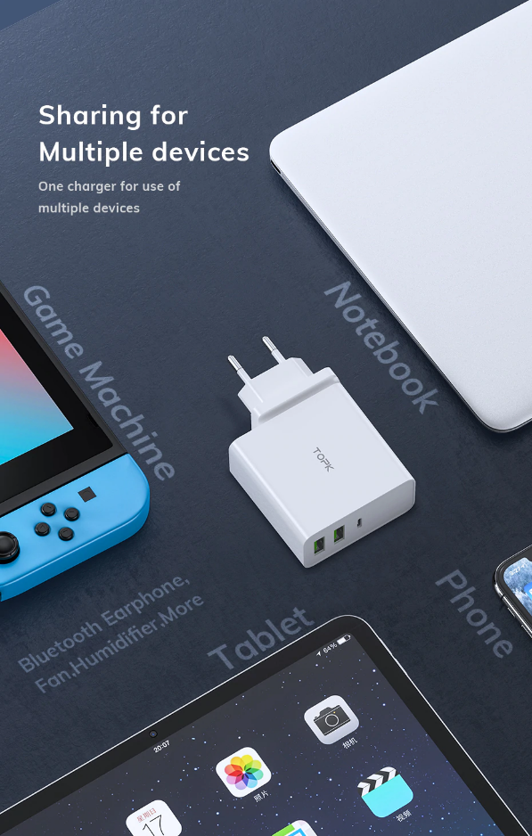 หัวชาร์จมือถือ โน๊ตบุ๊ค TOPK Power Adapter 65W PD USB Charger Fast Charger USB Type C Charger Quick Charge 3.0 for MacBook Pro Laptop Tablet Charger for mobile phones