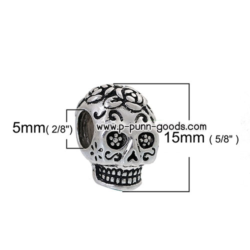 ลูกปัดหัวกะโหลก (Sugar Skull) 15x10มม. สีเงินโบราณ