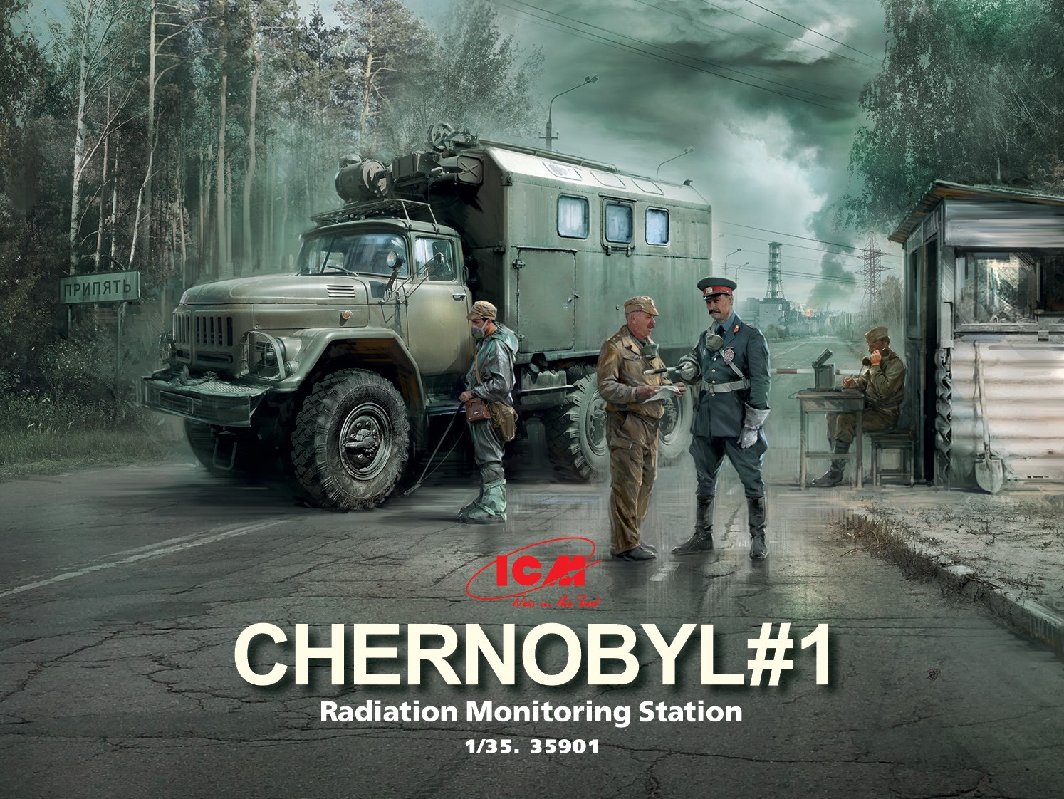 โมเดลฟิกเกอร์ ICM ขนาด 1/35 ICM35901 Chernobyl#1. Radiation Monitoring Station (ZiL-131KShM truck & 5 figures & diorama base with background)