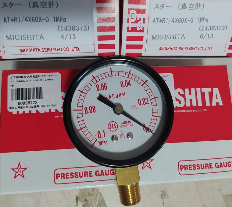 Vacuum Gauge : Migishita Seiki : Port 1/4 ขนาด 60 x - 0.1 -0 MPa เกลียวออกล่าง