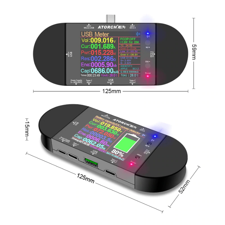 เครื่องวัดไฟ ATORCH UD24 DC5.5 USB tester PD Trigger Type-C 2.4"inch Digital voltmeter ammeter Power bank Voltage detector volt electric meter