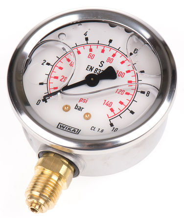 Pressure Gauge: 0-10 Bar : WIKA : Port G 1/4 ขนาด 60 X 0-10 Bar เกลียวออกล่าง ( Bottom Entry )Case Material : Stainless Steel