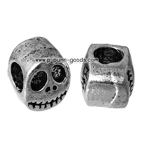 ลูกปัดหัวกะโหลก (Halloween Skull) 11x8มม. สีเงินโบราณ
