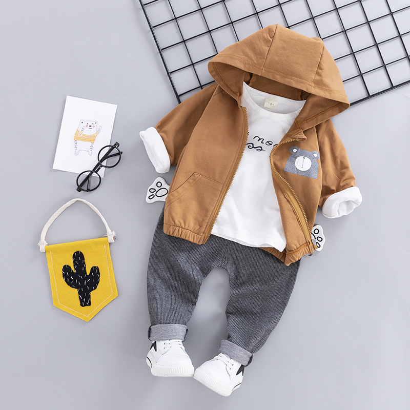 D2kids ชุดเซ็ตเด็กชายลายหมี มีฮู๊ต กางเกงสีเทา