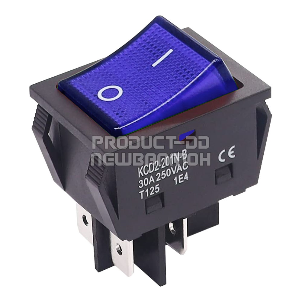 KCD4 สวิตช์กระดก ON-OFF (I-O) 4 ขา สีน้ำเงินมีไฟ 30A 250V AC และฝาครอบกันน้ำ