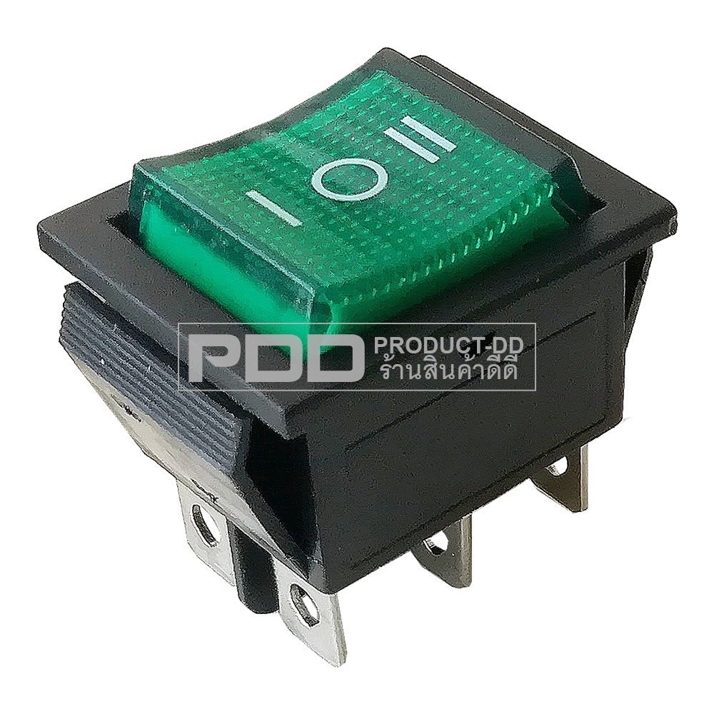 KCD4 สวิตช์กระดก ON-OFF-ON (l-O-ll) 6 ขา 16A 250V AC สีเขียวมีไฟ และฝาครอบกันน้ำ