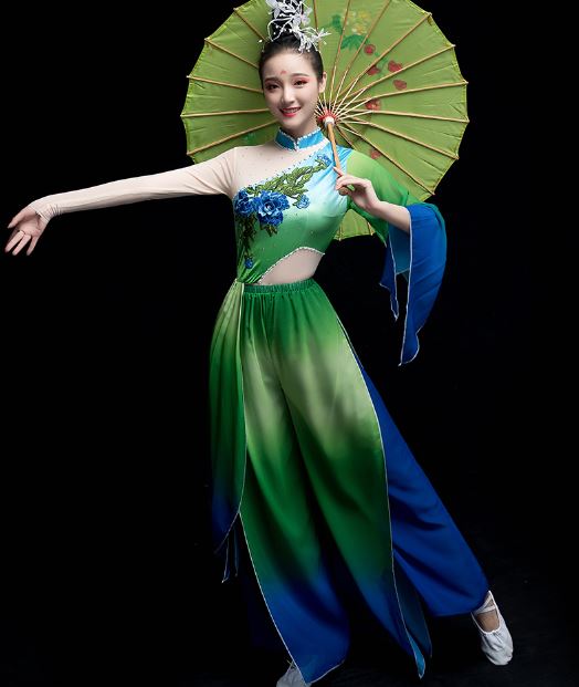 2019 ชุดสตรีสำหรับการแสดงฟ้อนรำร่มจีน 2019新款古典演出服飘逸广场舞扇子舞套 2019 New Classical Chinese Elegant Square Fan Dance Costume