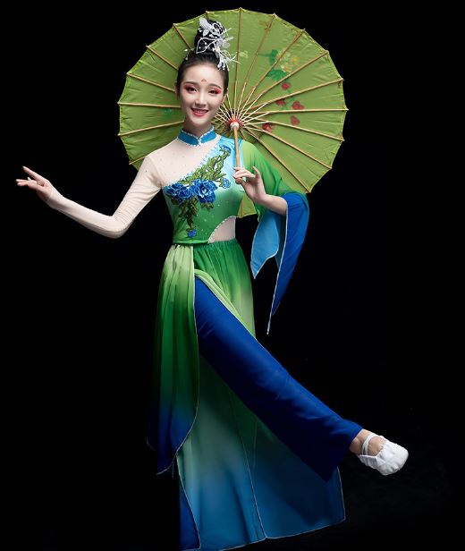 2019 ชุดสตรีสำหรับการแสดงฟ้อนรำร่มจีน 2019新款古典演出服飘逸广场舞扇子舞套 2019 New Classical Chinese Elegant Square Fan Dance Costume