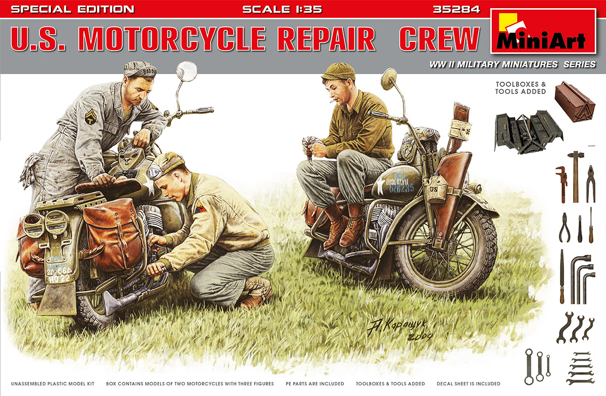 โมเดลฟิกเกอร์ทหารและมอเตอร์ไซค์ MiniArt ขนาด 1/35 MI35284 U.S. Motorcycle Repair Crew. Special Edition