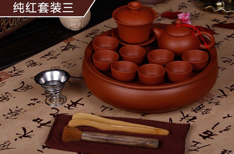 ชุดน้ำชาจีนโบราณ ชุดสุดคุ้ม (สีน้ำตาล) 茶杯-纯红套装三