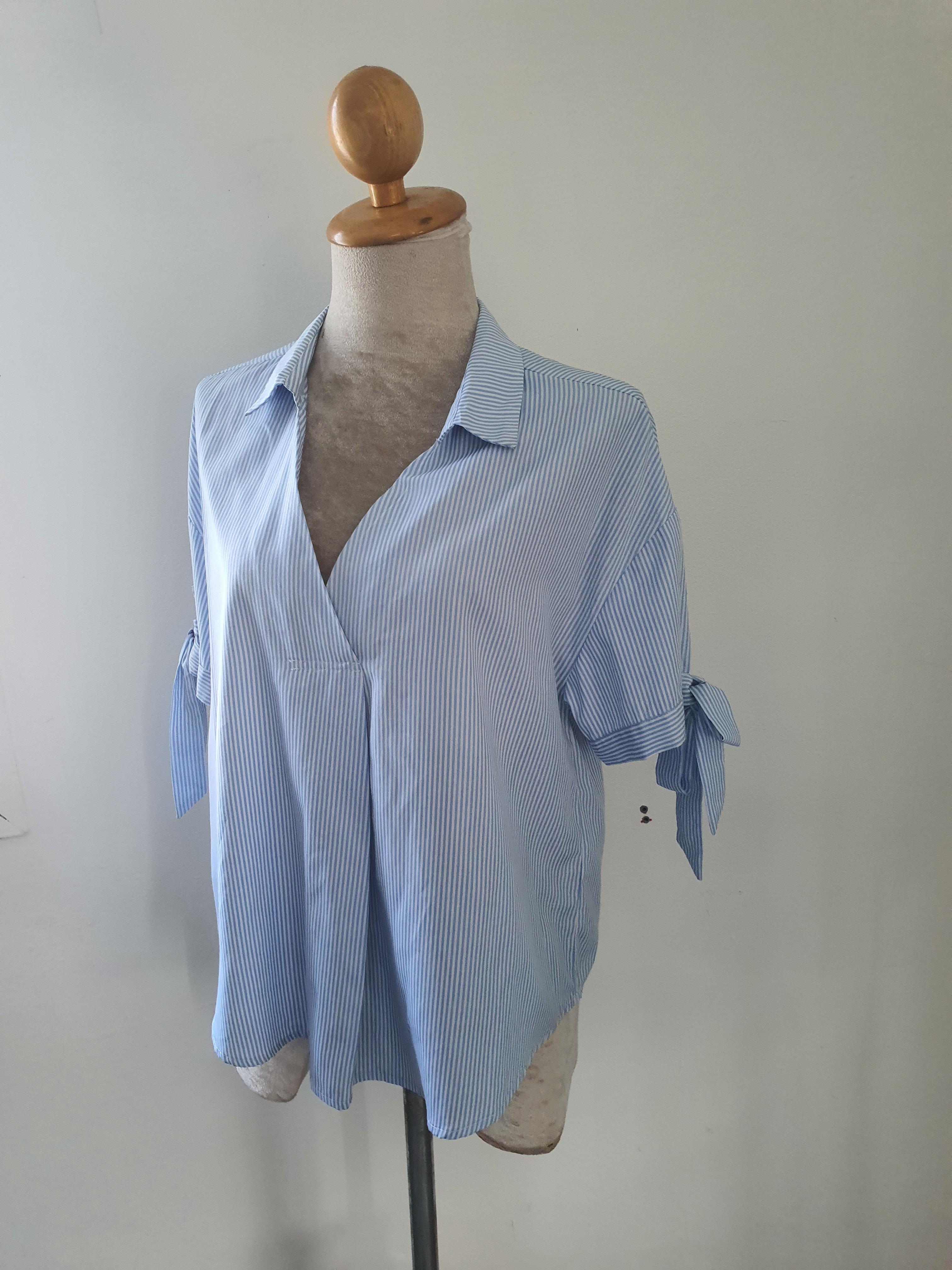 FF06061 เสื้อเชิ้ต มือสอง สีฟ้าลายทาง อก 38 นิ้ว