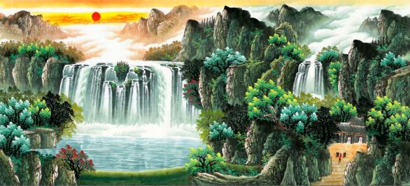ภาพเขียนพู่กันจีนภาพดวงอาทิตย์ขึ้นและน้ำตก 旭日东升 国画山水画书法工笔字画 Chinese Calligraphy Painting the Rising Sun & Waterfall