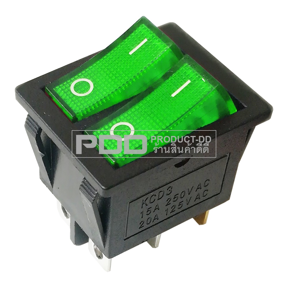 KCD3 สวิตช์กระดก ON-OFF คู่ 3 ขา สีเขียวมีไฟ Rocker Switch Double 3 Pin l-O 15A 250V AC