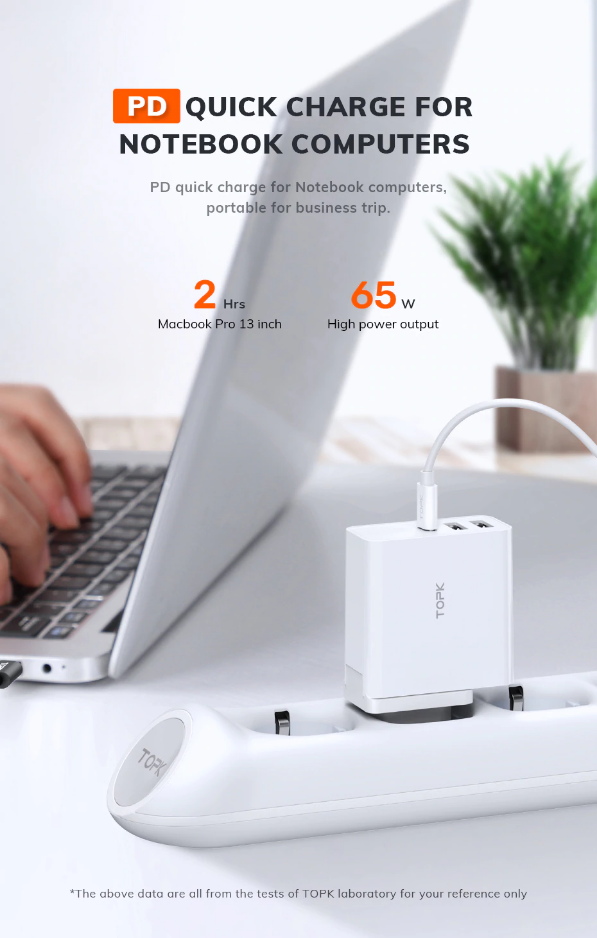 หัวชาร์จมือถือ โน๊ตบุ๊ค TOPK Power Adapter 65W PD USB Charger Fast Charger USB Type C Charger Quick Charge 3.0 for MacBook Pro Laptop Tablet Charger for mobile phones