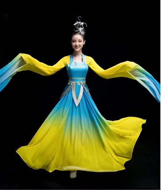 ชุดกระโปรงแขนยาวสตรีสำหรับการฟ้อนรำจีน 新款水袖舞蹈服装女飘逸 New Chinese Women Long Sleeves Dress Dance
