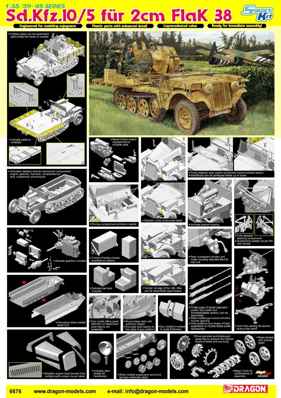 โมเดลรถฮาลฟ์แทร็คบรรทุกปืนใหญ่ Dragon Models 1/35 DRA6676 Sd.Kfz.10/5 fur 2cm FlaK 38