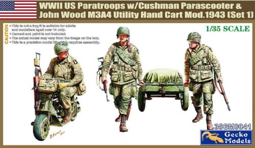 โมเดลฟิกเกอร์ทหาร ขนาด 1/35 Gecko Model 35GM0041 M53 SCOOTER CUSHMAN W/JOHN WOOD M3A4 UTILITY HAND CART MOD.1943 & US PARATROOPS