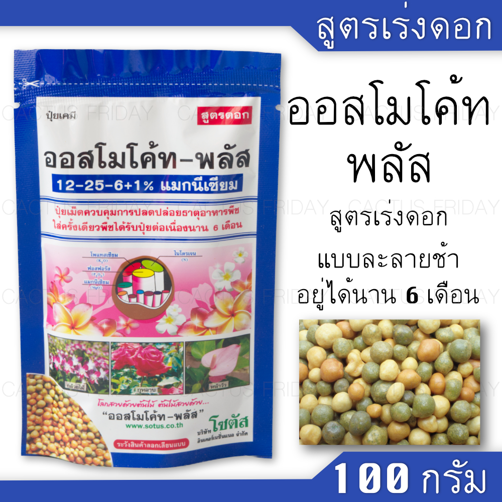 ปุ๋ยออสโมโค้ท-พลัส ขนาด 100 กรัม สูตร 12-25-6+1% แมกนีเซียม (เร่งดอก)