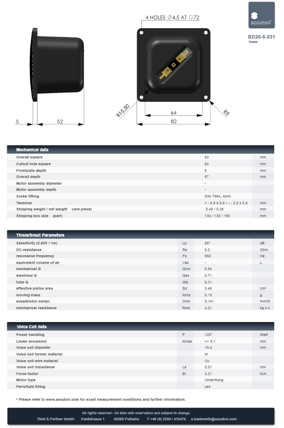Accuton D20-6 3/4" Diamond Dome Tweeter, 89.5dB (BD20-6-031)
