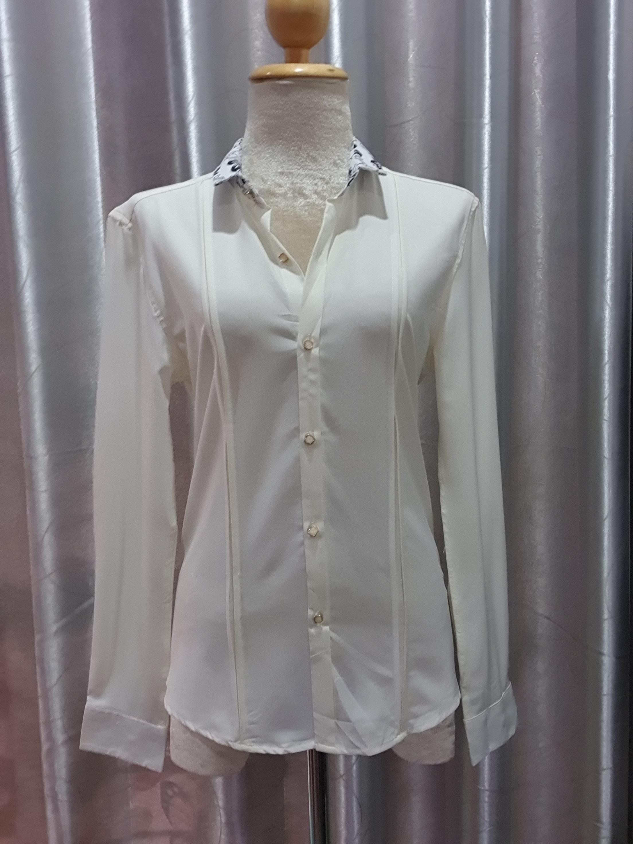 FF01870 เสื้อเชิ้ตแฟชั่น นำเข้ามือสอง สีครีม อก 34 นิ้ว