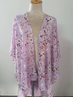 FF05848 เสื้อคลุมชีฟอง สีม่วงลายดอกไม้ มือสอง อก free