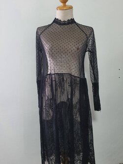 FF06239 เดรสลูกไม้ ตาข่าย ซีทรู สีดำ มือสอง อก 33-35 นิ้ว