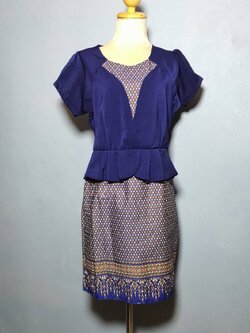 FF02506 เดรสผ้าไทย สีน้ำเงินกรม มือสอง อก 38-39 นิ้ว