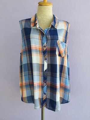 FF02975 เสื้อแฟชั่น ลายสก็อต สีน้ำเงิน มือสอง TRIBAL อก free-48 นิ้ว